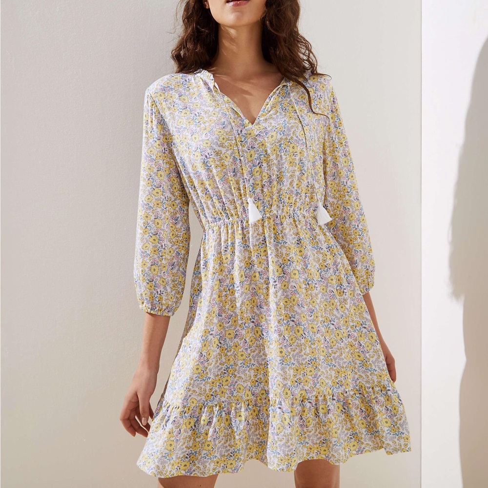 LOFT Beach Floral Crochet Split Neck Dress